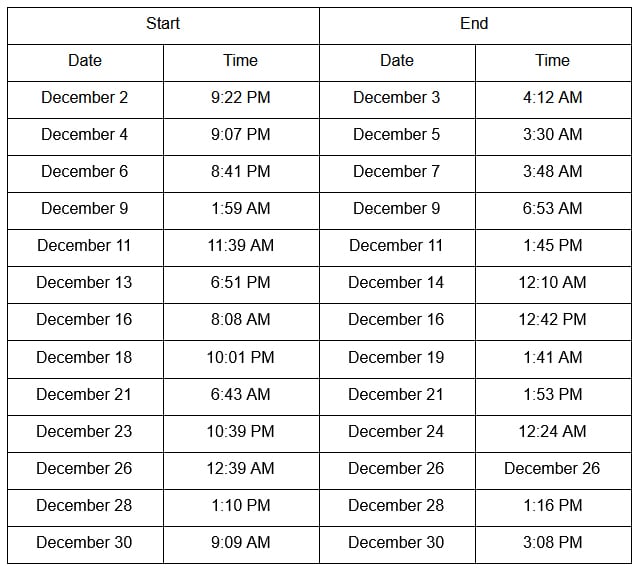 December Schedule