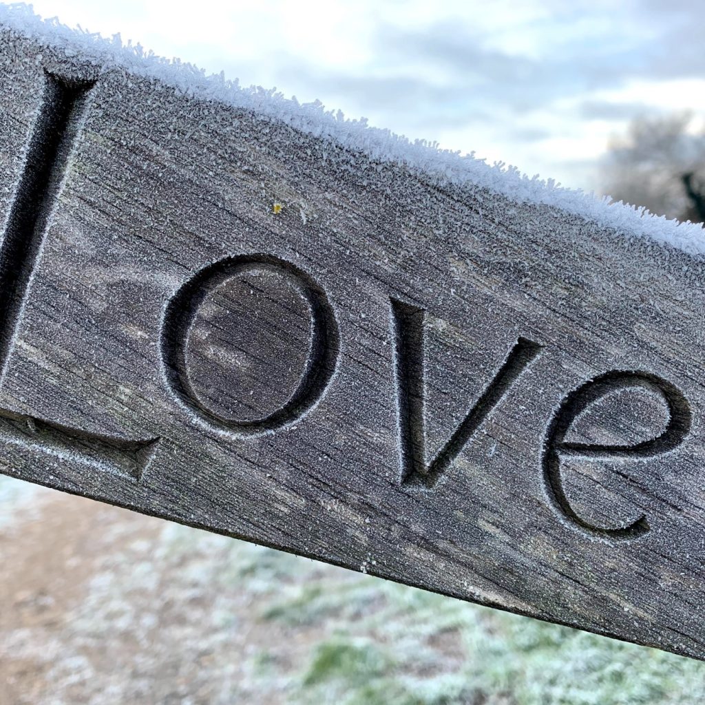 a wooden bench where the word love is engraved