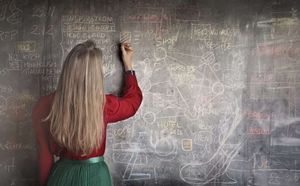 woman writing on chalk board
