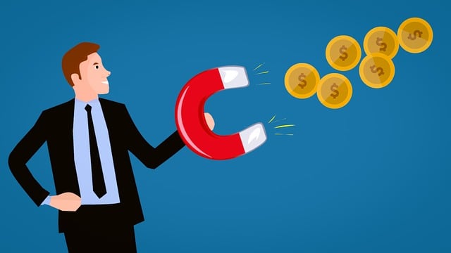 a man in a suit using a magnet to attract coins
