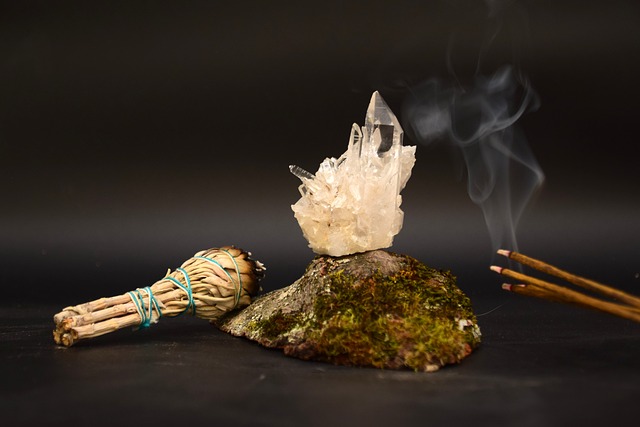 crystals with sage and incense
