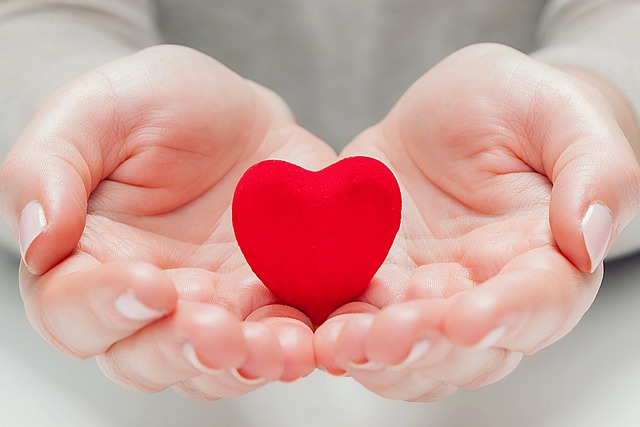 Close-up of a person holding a small red heart in open palms