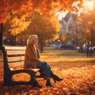 a woman sits on a wooden park bench, reflecting on her life choices