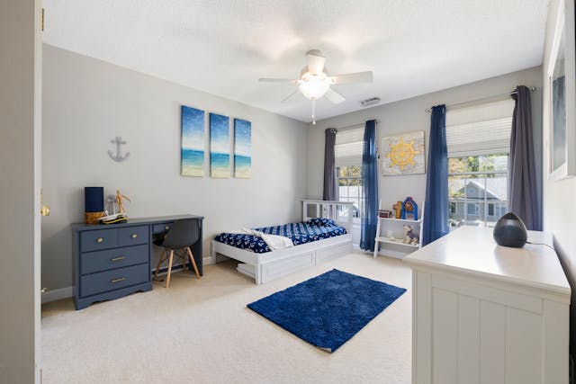 Modern interior design of spacious room with blue accent