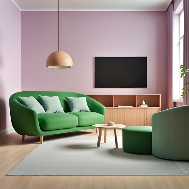 Modern pastel living room design with green sofa