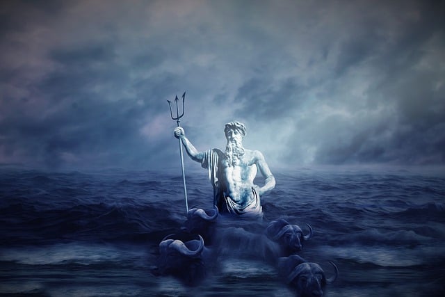 Statue of Neptune holding a trident in ocean waves | Trusted Astrology