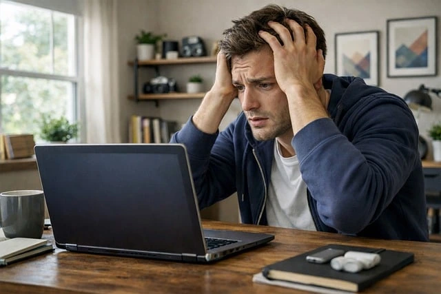 stressed man holding his head in front of laptop | Trusted Astrology